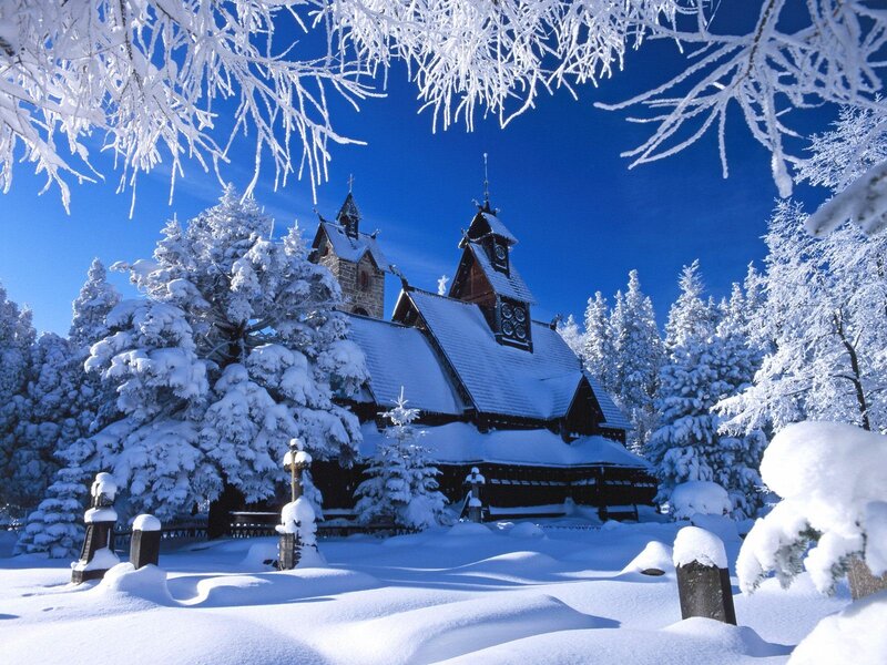 Snow-covered church in winter