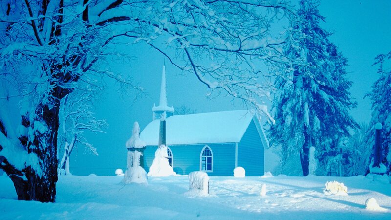 Snow-covered church in winter