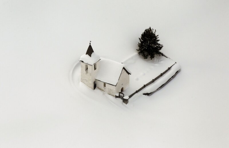 Snow-covered church in winter