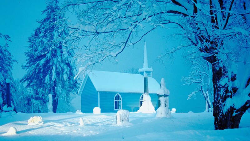 Snow-covered church in winter