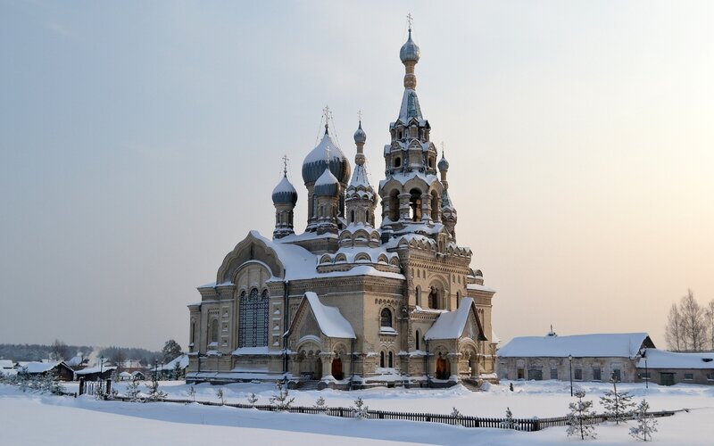 Snow-covered church in winter