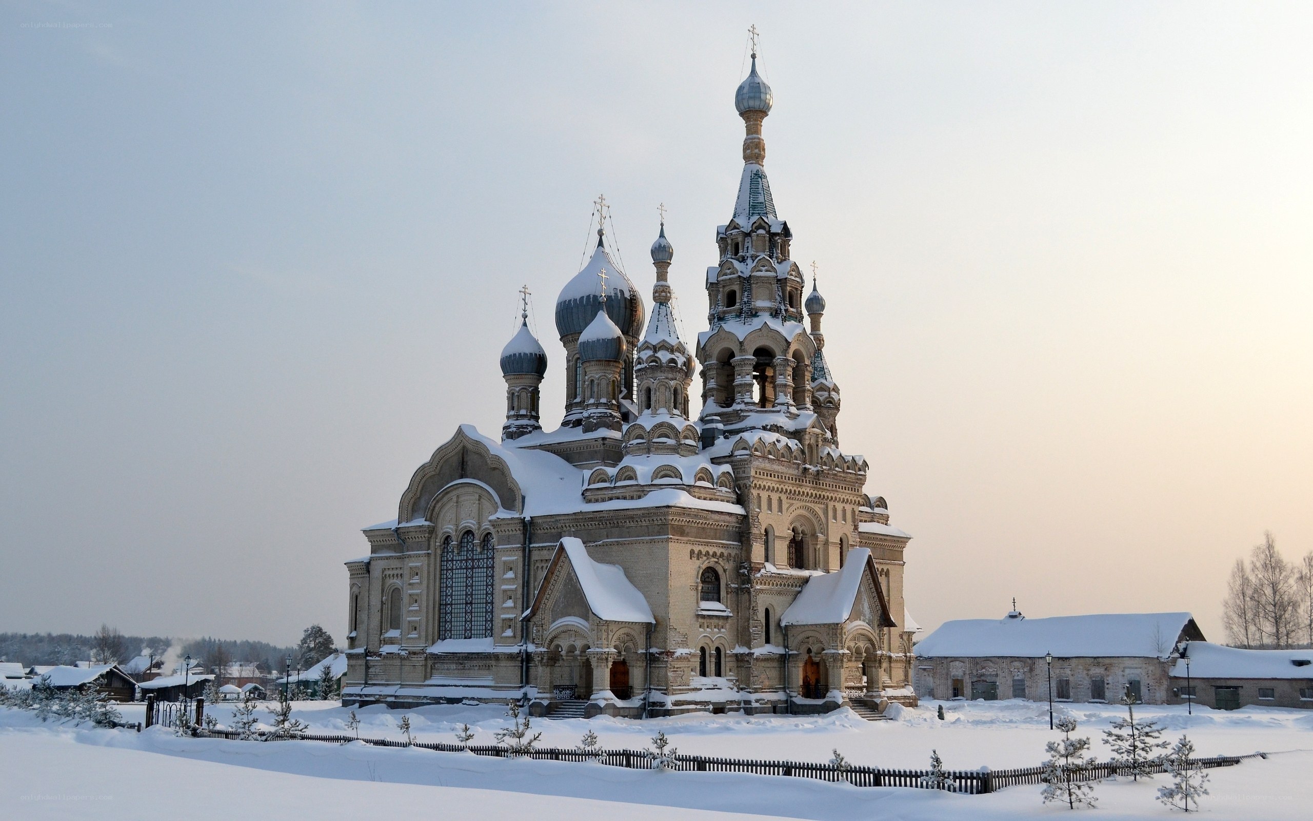Snow-covered church in winter