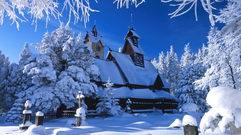 Snow-covered church in winter