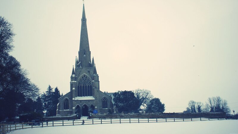 Snow-covered church in winter