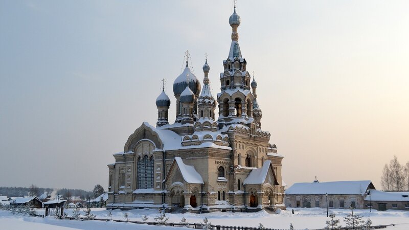 Snow-covered church in winter