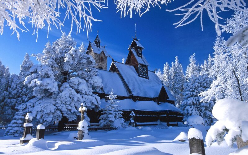 Snow-covered church in winter
