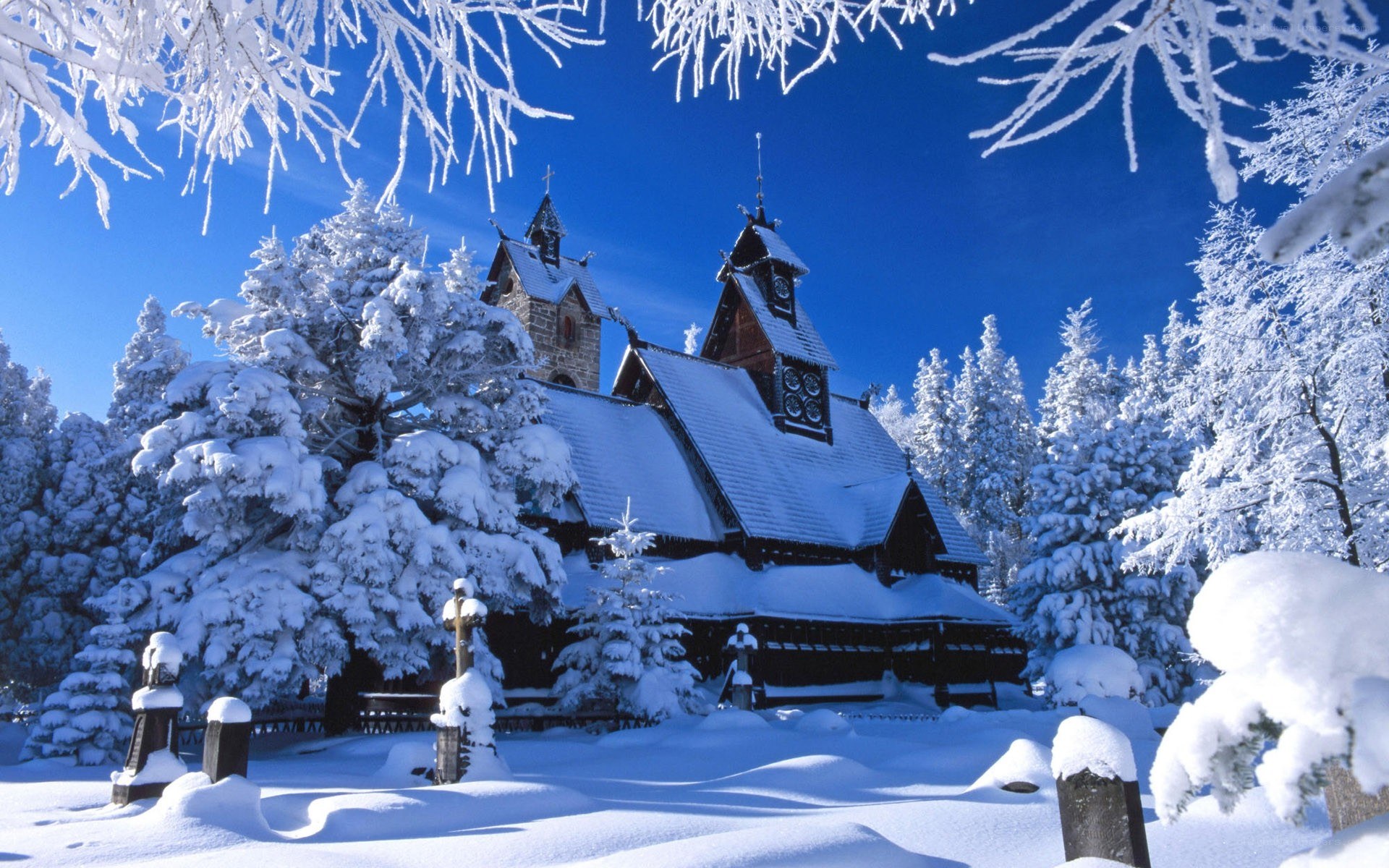 Snow-covered church in winter