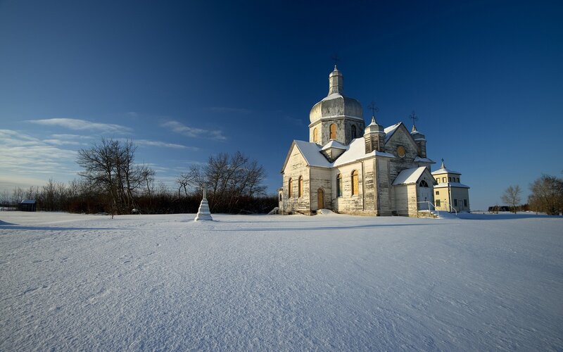 Snow-covered church in winter