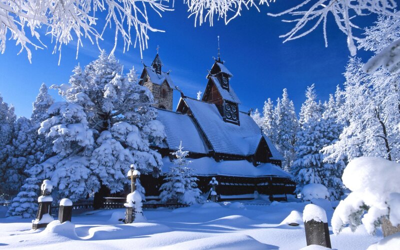 Snow-covered church in winter