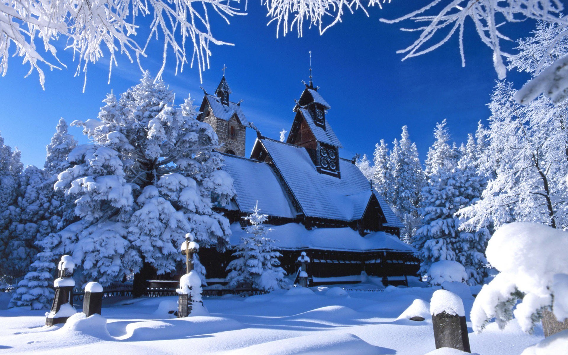 Snow-covered church in winter