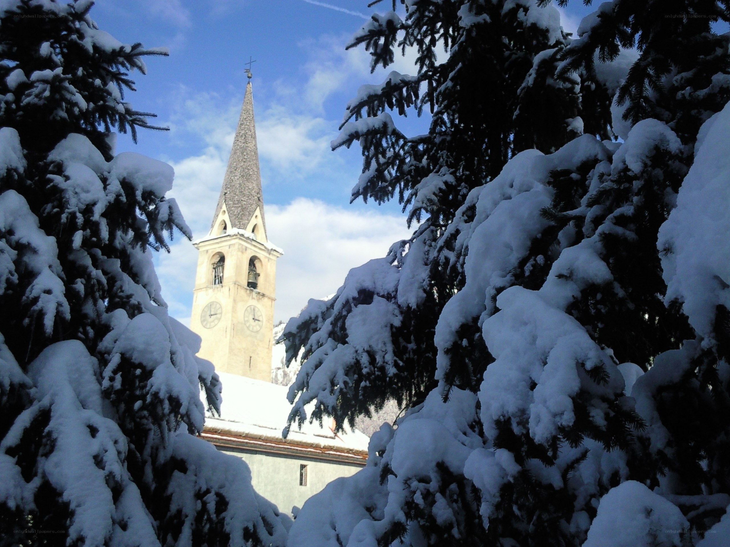 Snow-covered church in winter