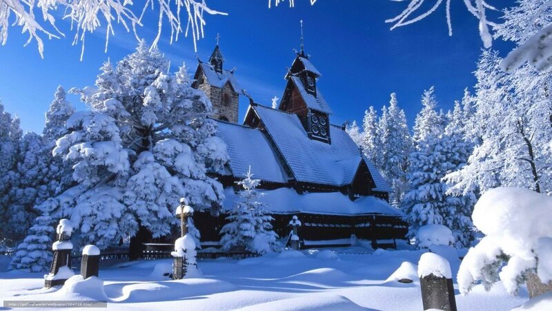 Snow-covered church in winter