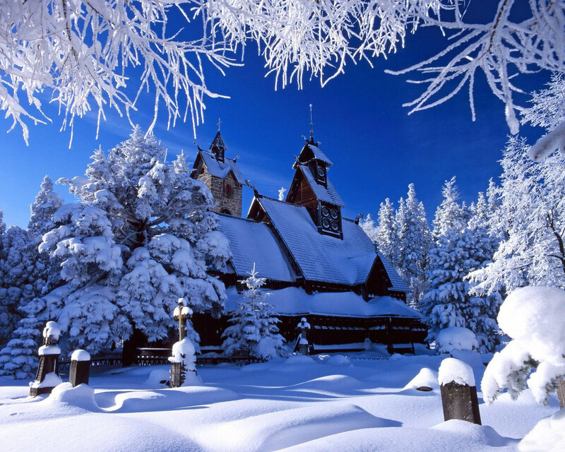 Snow-covered church in winter