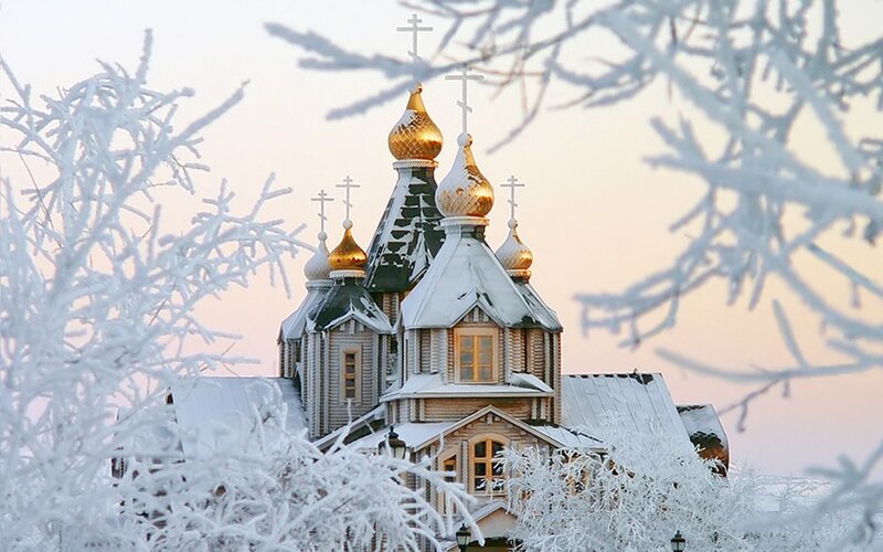 Snow-covered church in winter