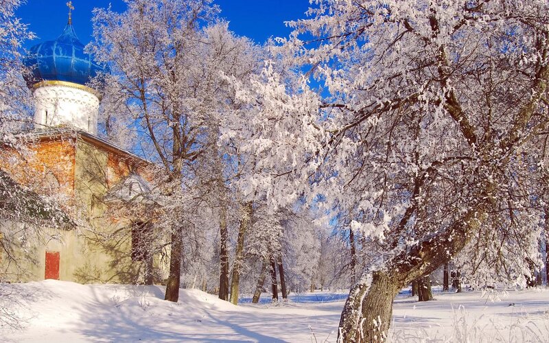 Snow-covered church in winter
