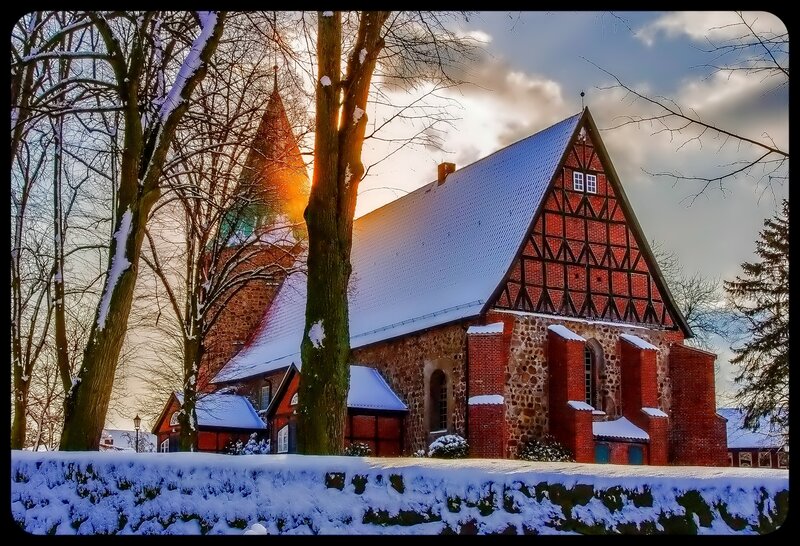 Snow-covered Church — Red, Serene