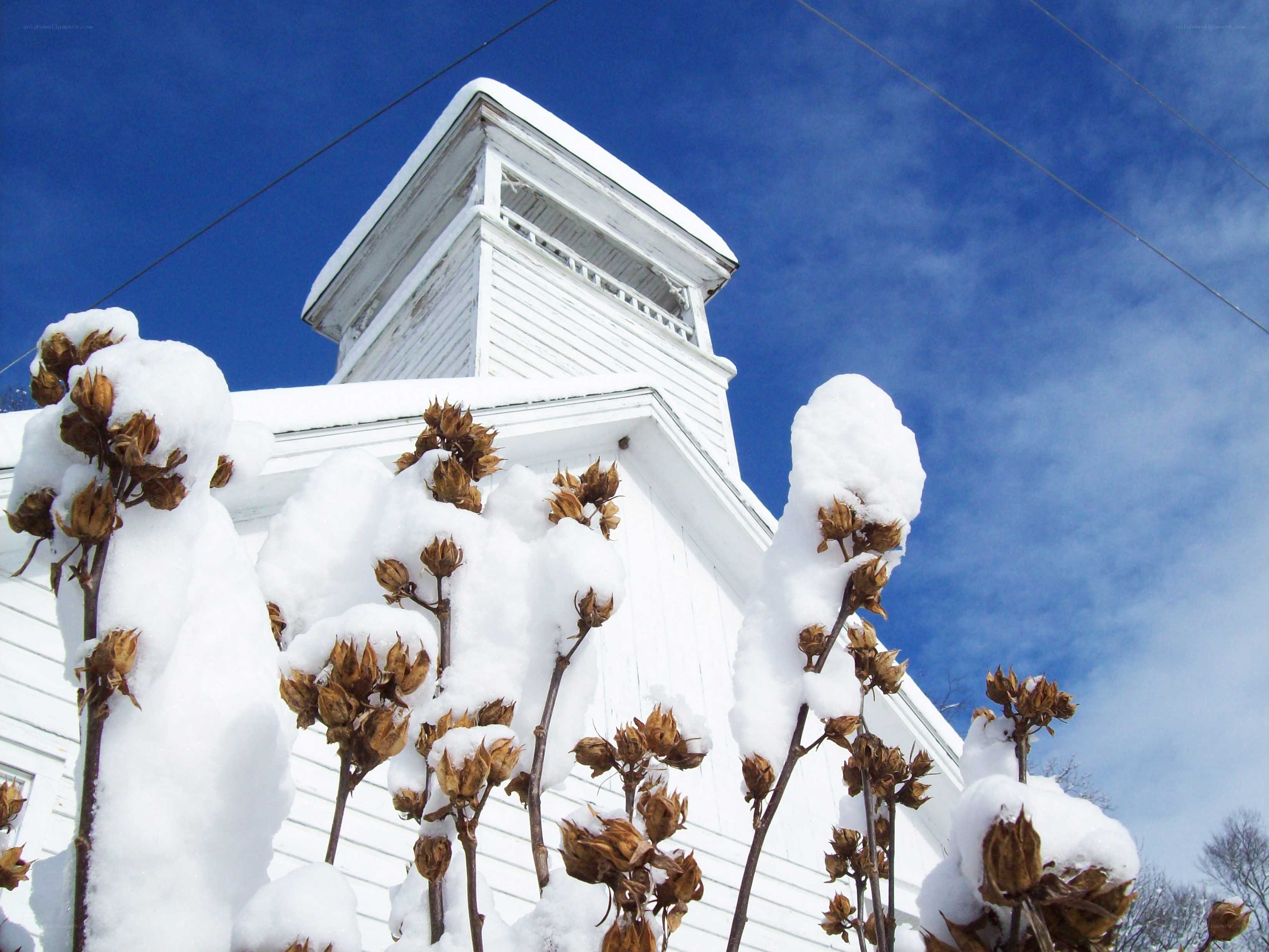 Snow-covered church steeple