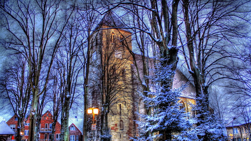 Snow-covered Church Tower — Blue, Cold