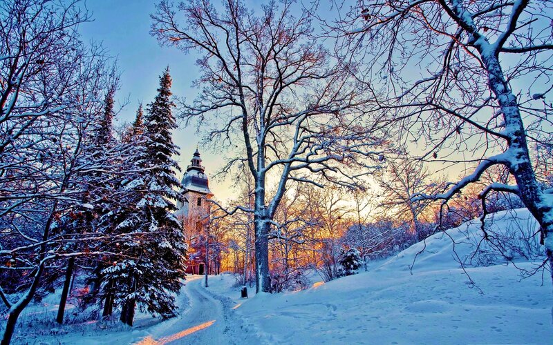 Snow-covered Church Tower — Blue, Serene