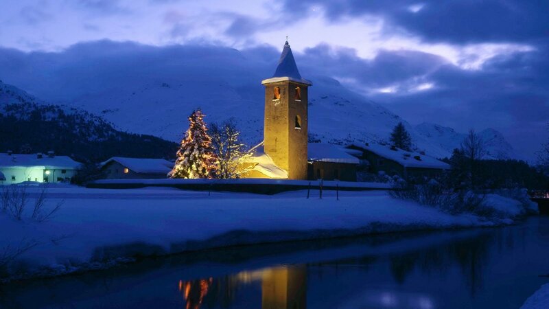 Snow-covered Church Tower — Blue