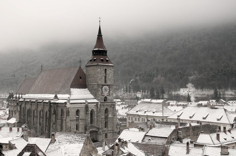 Snow-covered Church Tower — Gray