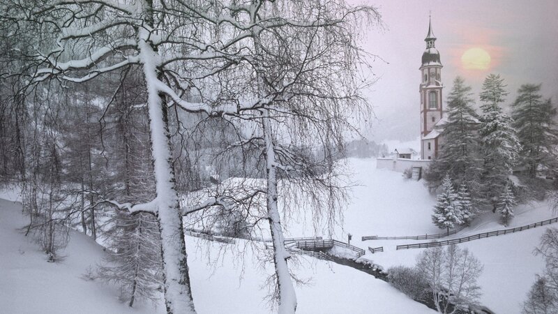 Snow-covered Church Tower — White, Serene, Winter, Photograph, Trees, Sun, Fence