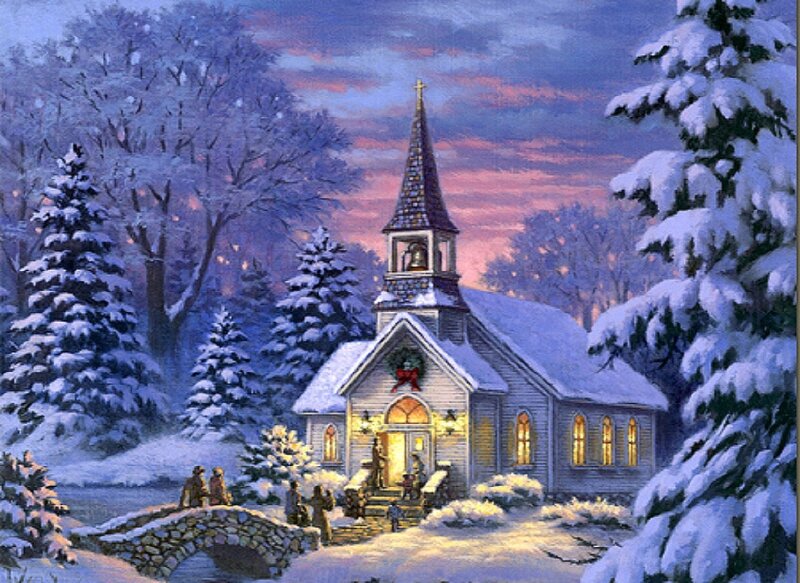 Snow-covered Church — White, Peaceful, Winter, Painting, People