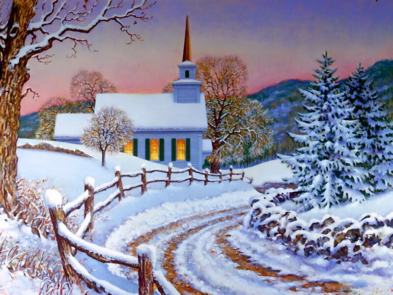 Snow-covered Church — White, Serene, Winter, Painting, Fence