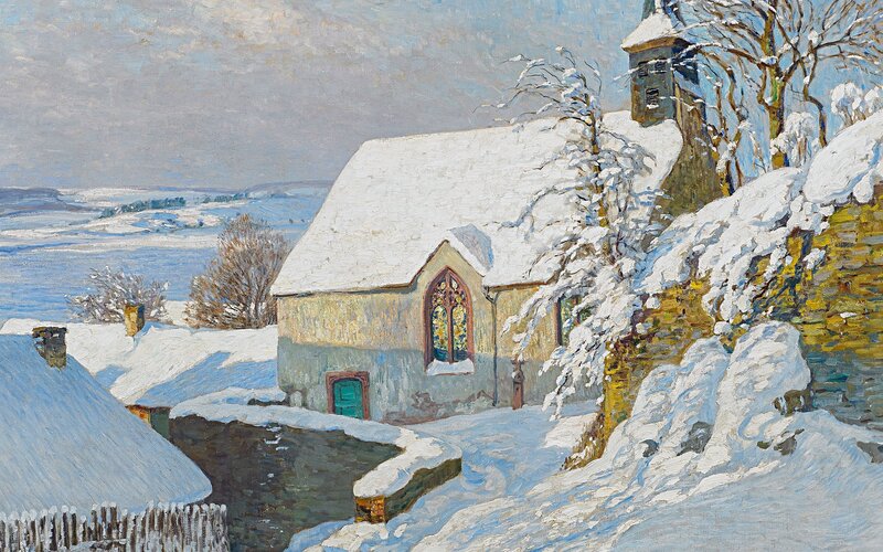 Snow-covered Church — White, Serene, Winter, Painting, Trees, Stone Wall