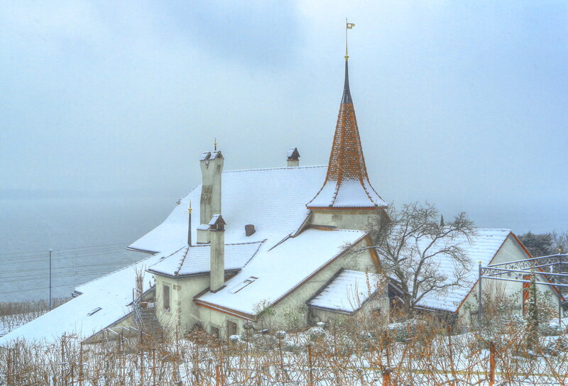 Snow-covered Church — White, Serene, Winter, Photograph, Lake