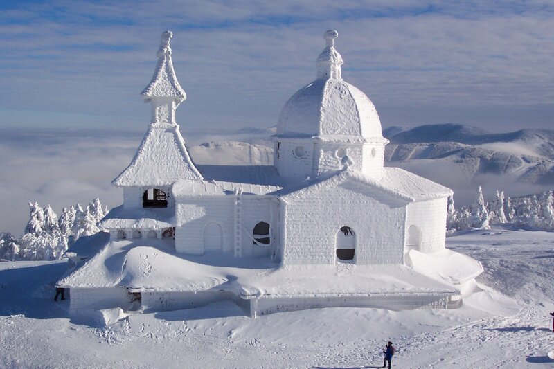 Snow-covered Church — White, Serene, Winter, Photograph, Mountain