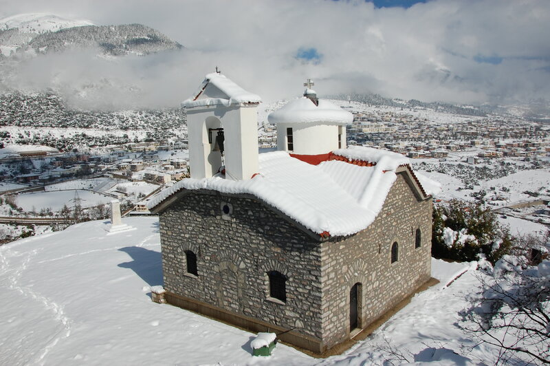 Snow-covered Church — White, Serene, Winter, Photograph, Mountains, Town