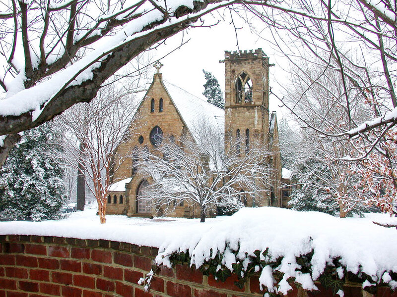 Snow-covered Church — White, Serene, Winter, Photograph, Trees, Brick Wall