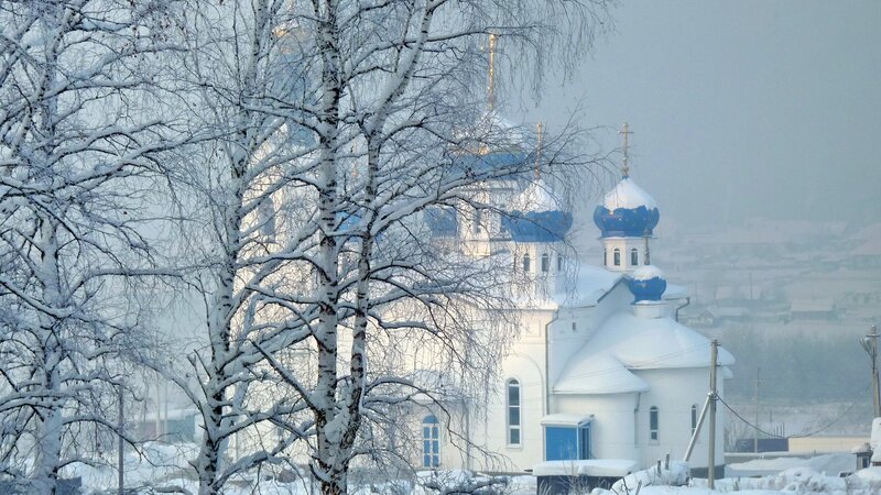 Snow-covered Church — White, Serene, Winter, Photograph, Trees, Dome, Crosses