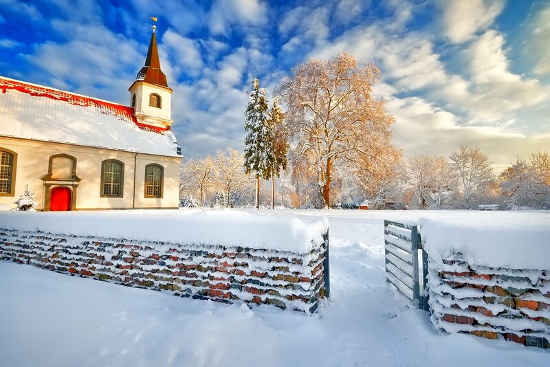 Snow-covered Church — White, Serene, Winter, Photograph, Trees, Fence