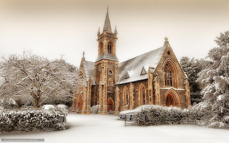 Snow-covered Church — White, Serene, Winter, Photograph, Trees, Hedge, Car