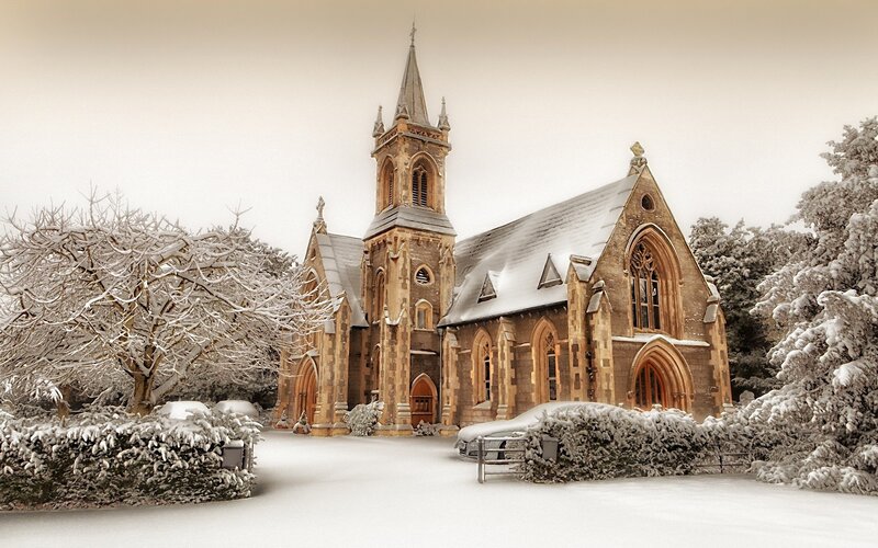 Snow-covered Church — White, Serene, Winter, Photograph, Trees, Hedge