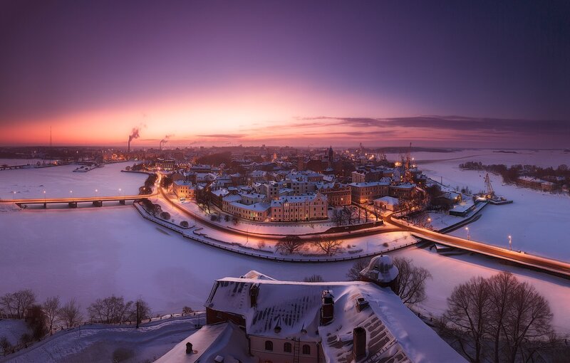 Snow-covered City at Dusk