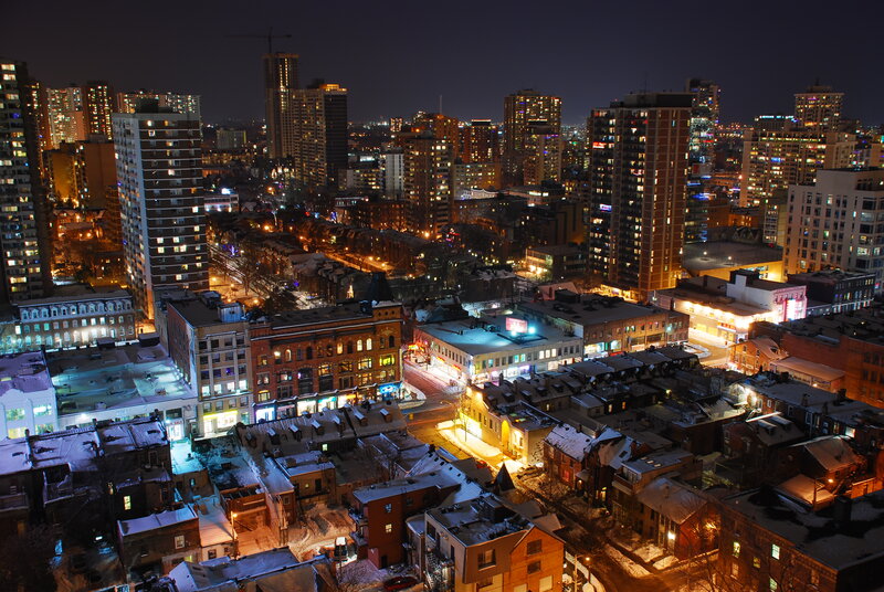 Snow-covered City at Night — Black, Urban