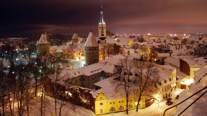 Snow-covered City at Night — Yellow, Serene, Photograph