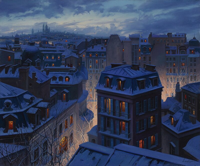 Snow-covered City Rooftops — Blue, Serene