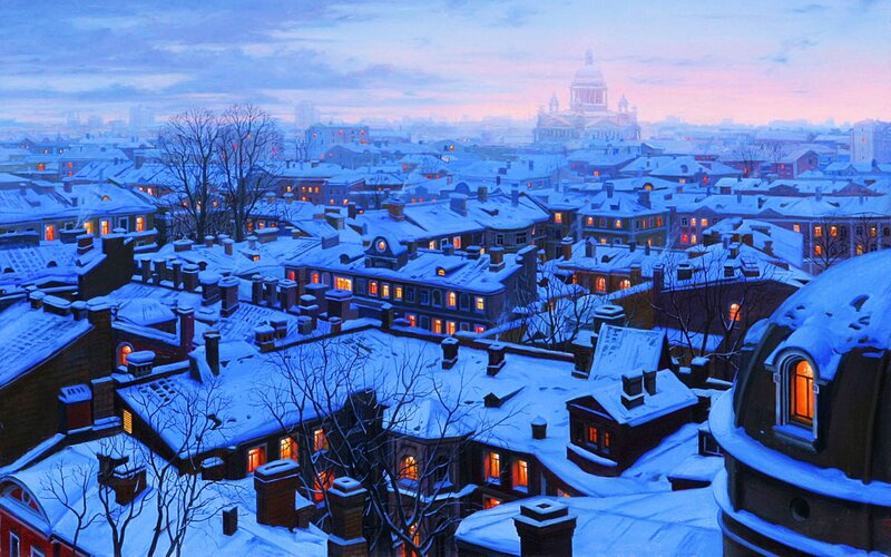 Snow-covered City Rooftops — Blue, Serene, Winter, Digital Art