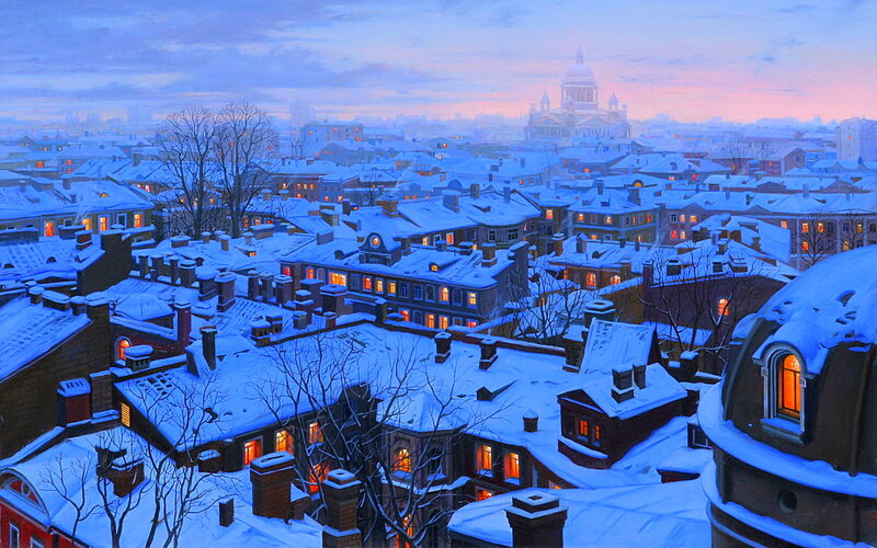 Snow-covered City Rooftops — Blue, Serene, Winter