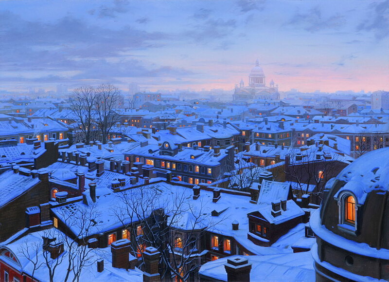 Snow-covered City Rooftops — Blue