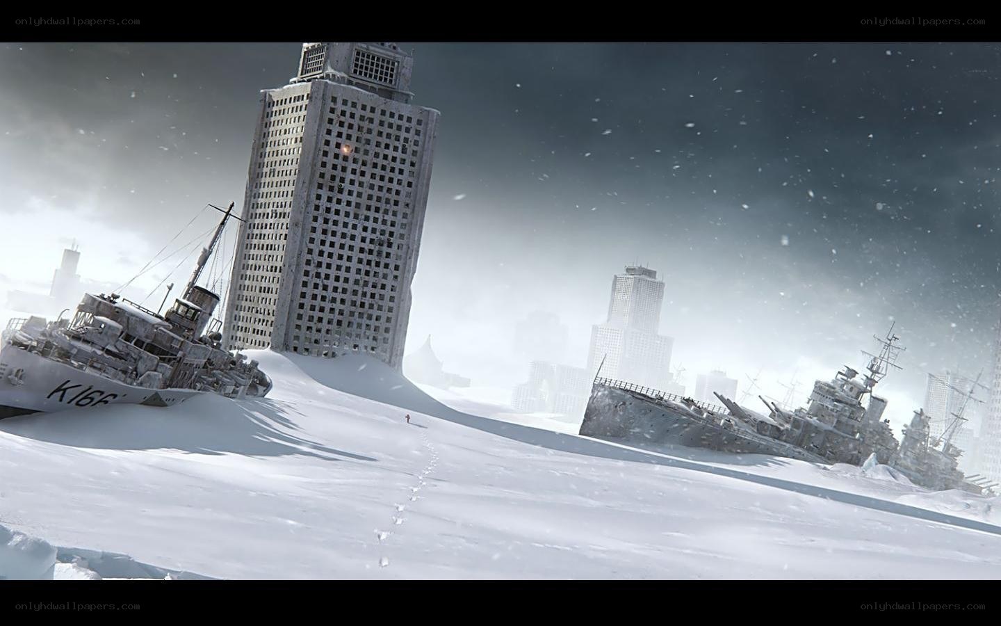 snow-covered city ruins