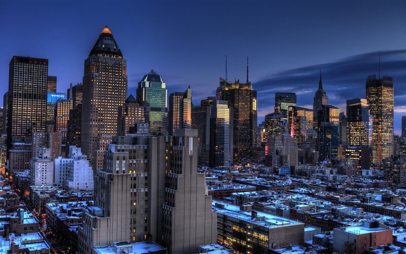 Snow-covered City Skyline — Blue, Dramatic