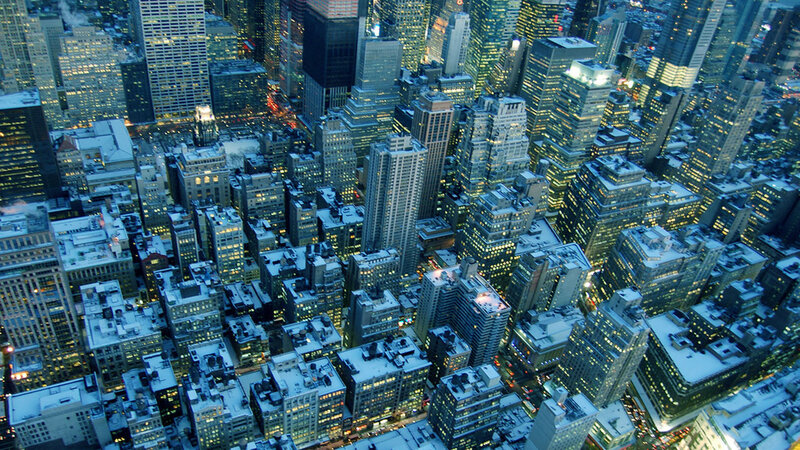Snow-covered City Skyline — Blue