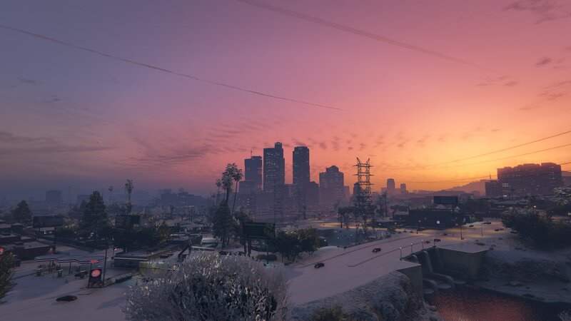 Snow-covered City Skyline — Pink
