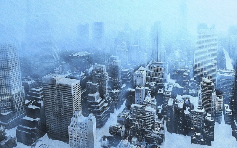 snow-covered city skyline