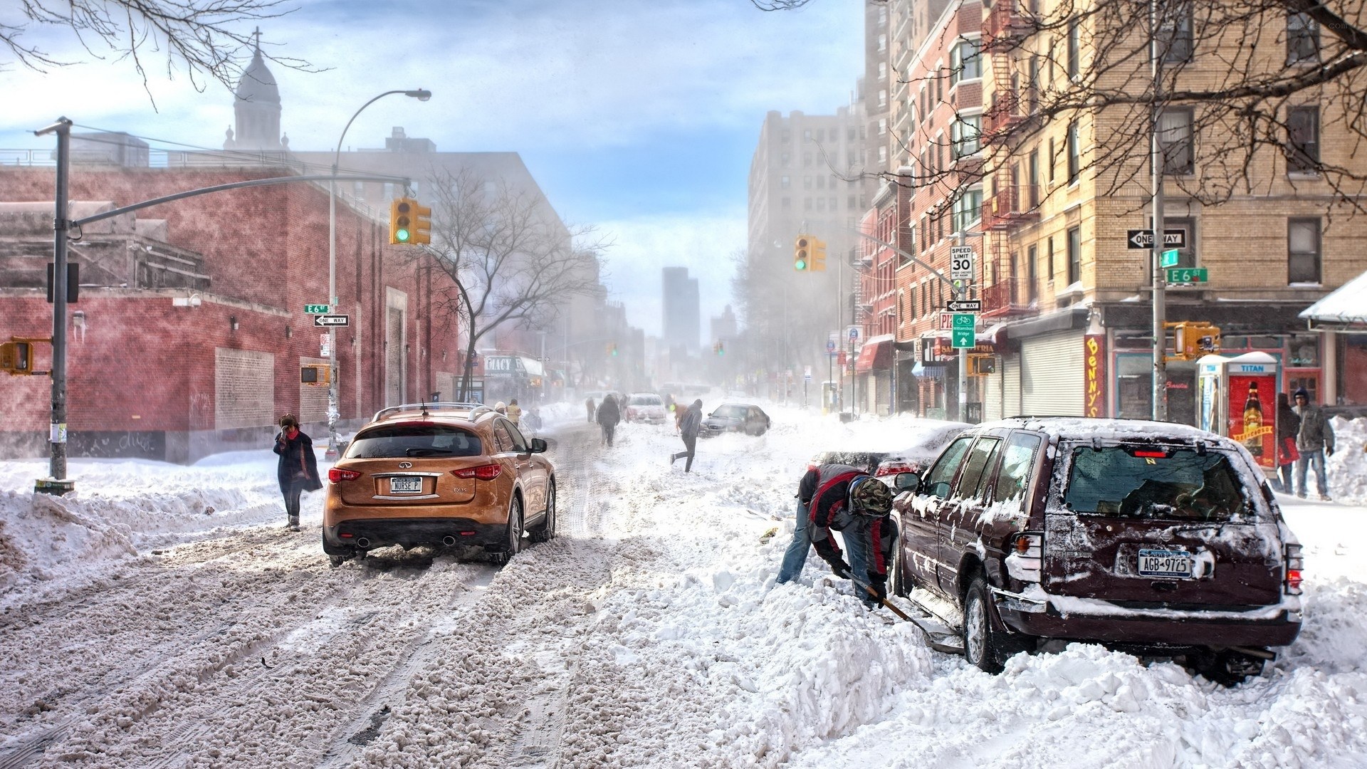 Snow-covered city street after blizzard